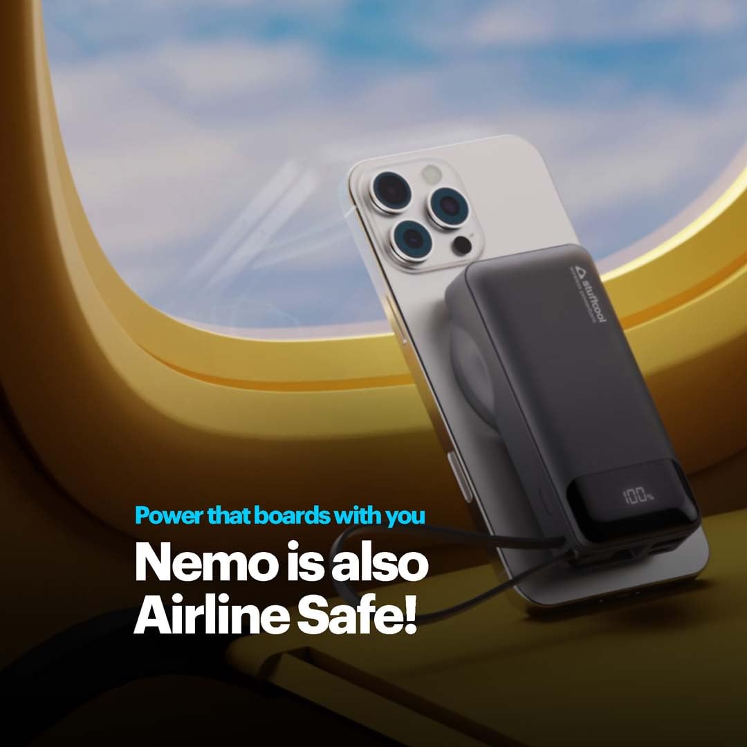 Stuffcool Nemo 10000mAh Compact Magnetic Wireless Charging Power Bank up to 15W for iPhone 20W Built-in Type-C Cable 22.5W USB-A Fast Charging Digital Display BIS CE RoHS Made in India