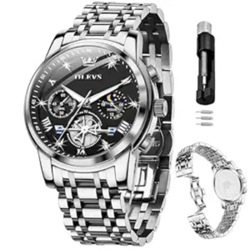 OLEVS Mens Chronograph Watch Gold Silver Stainless Steel Chain Quartz Wrist Watches Business Dress Waterproof Luminous Date Watch