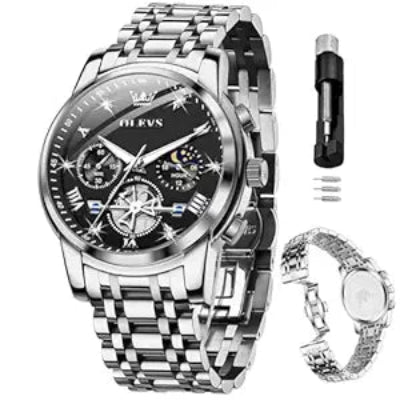 OLEVS Mens Chronograph Watch Gold Silver Stainless Steel Chain Quartz Wrist Watches Business Dress Waterproof Luminous Date Watch