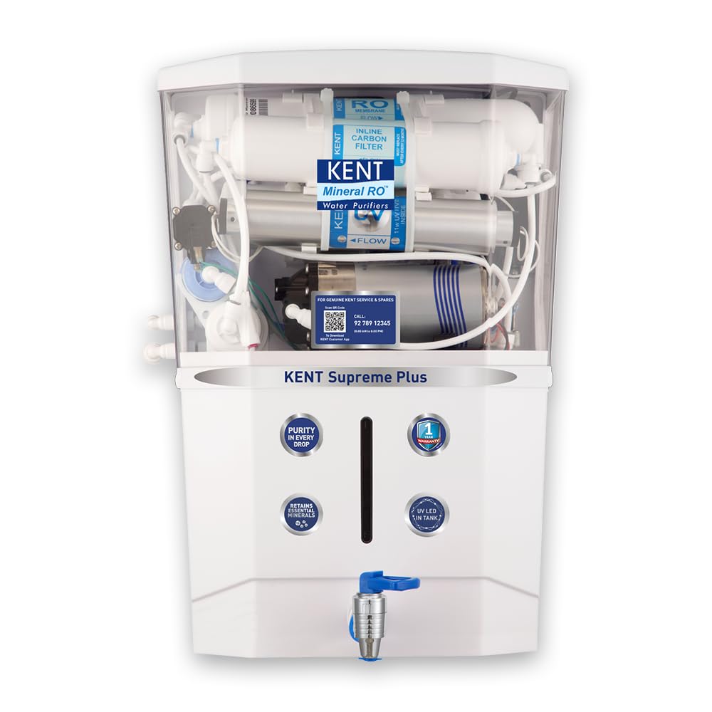 KENT Supreme Alkaline RO Water Purifier|RO+UV+UF+Alkaline+TDS Control+UV LED Tank |.0001 Micron RO Membrane|Auto flush feature|20LPH|Ideal for Borewell/Tanker/Municipal Water