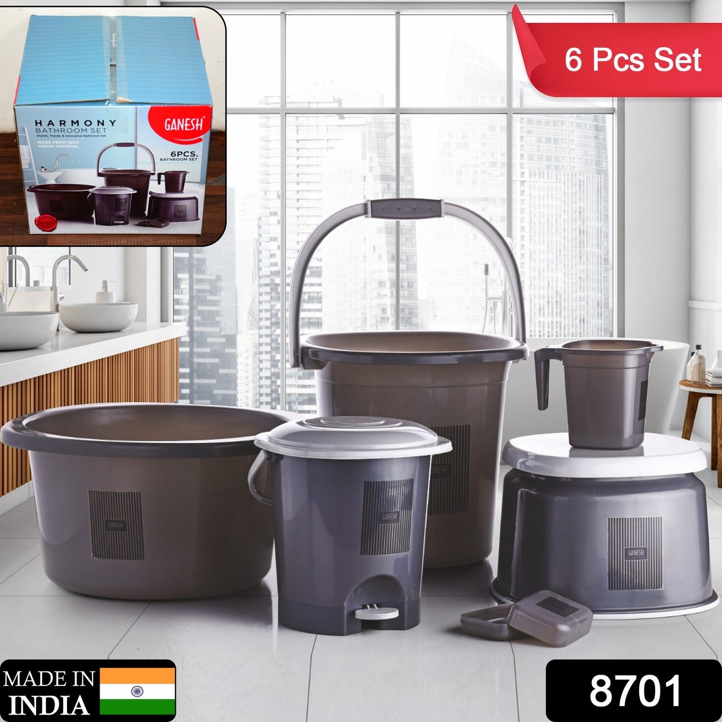 Plastic Bathroom Accessories Set 6 pcs Bath Set Bathroom Bucket with Dustbin Mug, Stool, Soap Case,Tub (MOQ :- 4 Pc / Mix Color ) - Springkart 