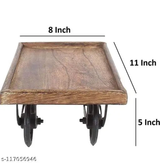 Primium Quality Wood Cart Snack Serving Platter for Dining Table Redi Shape Serving Tray. Colour:- Base-Black Powder Coating & Top Brown. Dimension:- (22x15x10) cm