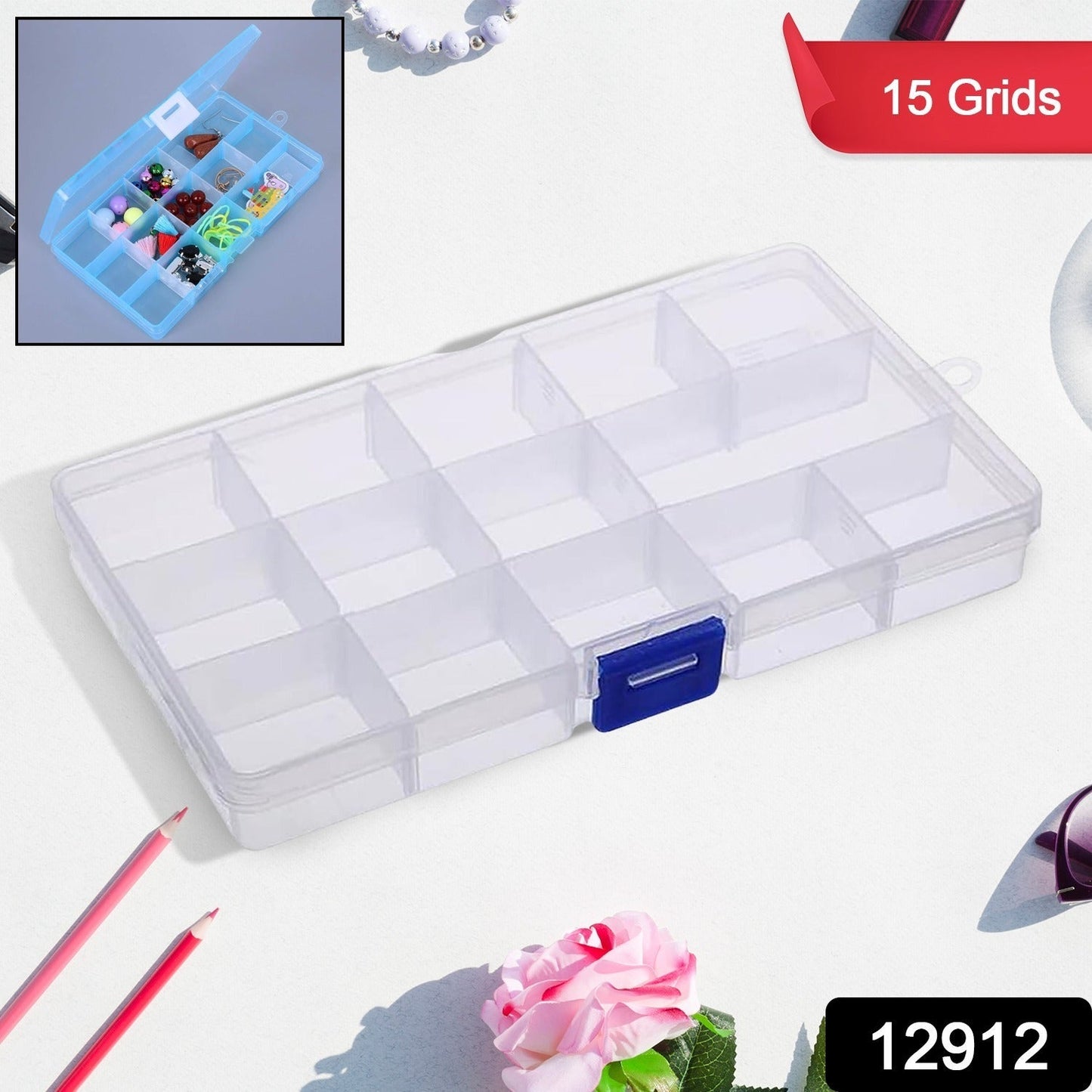 15 Grids Jewelry Organizer Plastic Jewelry Organizer Box Clear Jewelry Organizer Box Plastic Bead Organizers with Adjustable Dividers for Herbs Pills Bead, Jewelry, and Other Small Item (2 Pc)