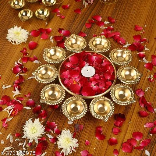 Diya Shape Flower Decorative Urli Bowl for Home Decoration Items, Metal, Gold