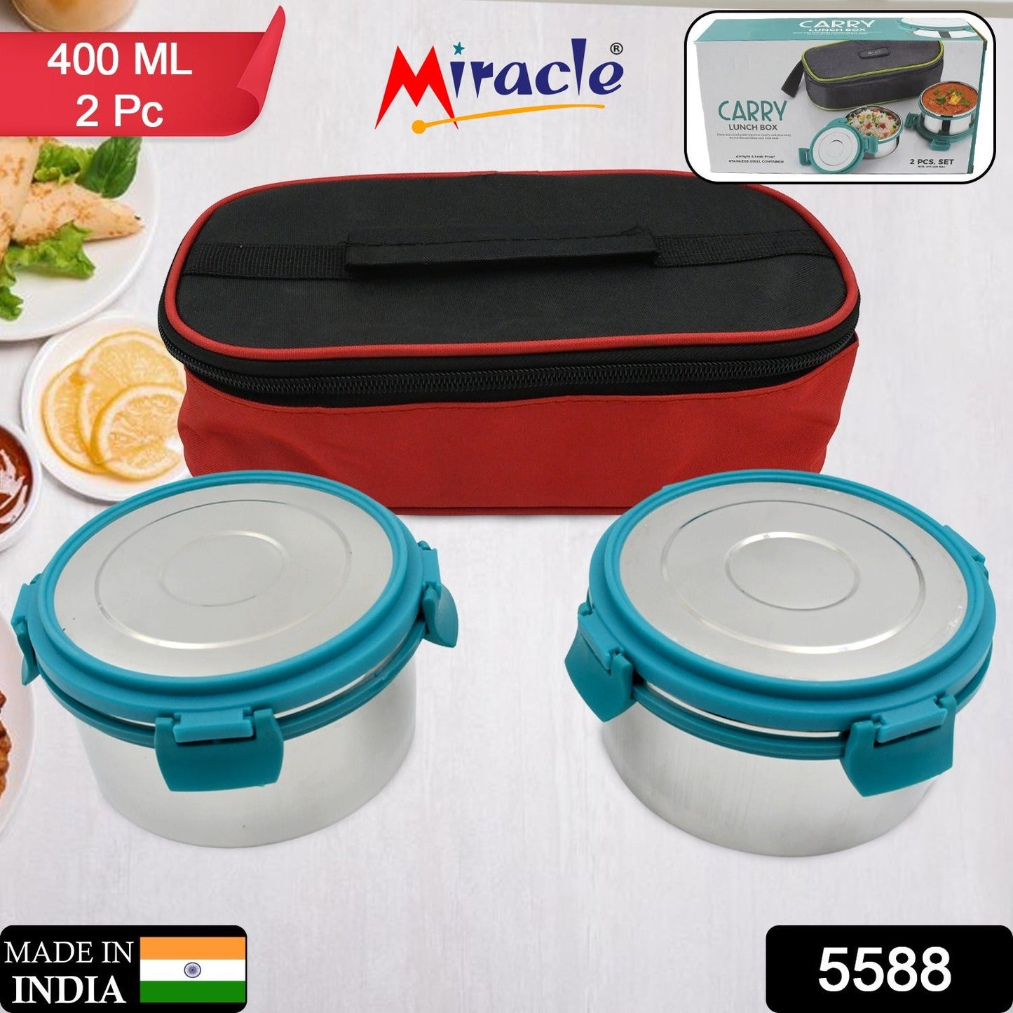 Miracle Carry Lunch Box Microwave Safe Lunch Box With Insulated Bag 2 Compartment Lunch Box (400 ML / 2 pc) - Springkart 