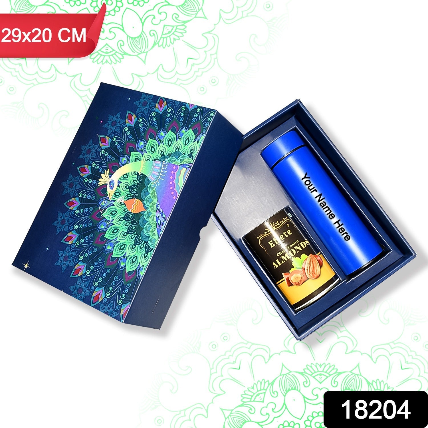Personalized Temperature Water Bottle & Choco Almond Chocolate (With Attractive Peacock Box / 2 Pc Set) - Springkart 