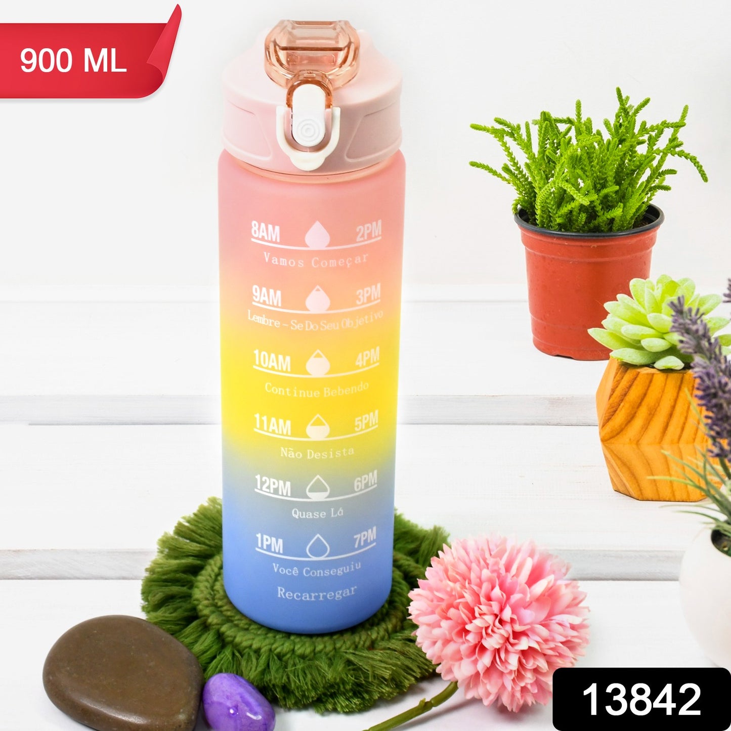 Plastic Colorful Motivational Water Bottle With Straw (900 Ml) - Springkart 