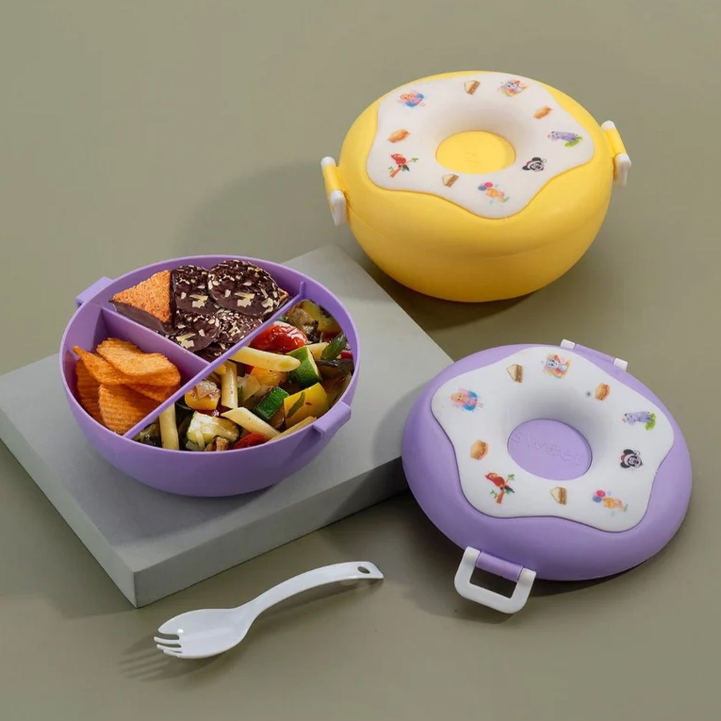 Donut Shaped Double Insulated 3 Compartment Lunch Box (1 Pc Mix Color) - Springkart 