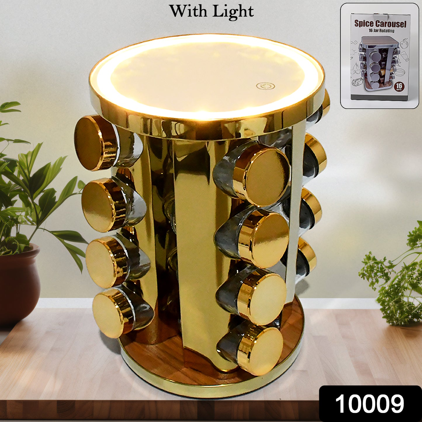 Led Spice Rack Organizer Rotating Spice Rack With Free 16 Seasoning Jars Revolving Tower Organizer Stainless Steel For Kitchen Storage (Golden 16 Pc Moq - 6 Pc) - Springkart 