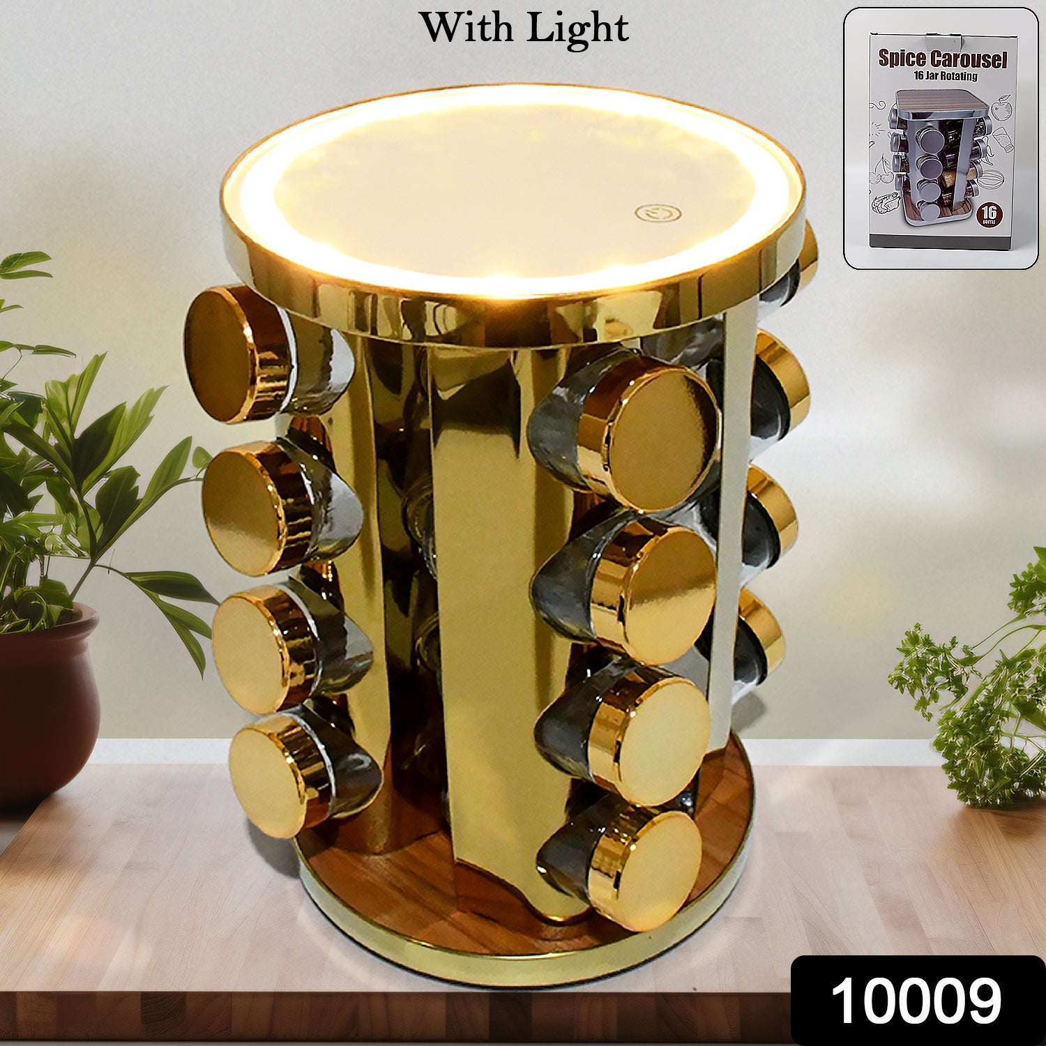 Led Spice Rack Organizer Rotating Spice Rack With Free 16 Seasoning Jars Revolving Tower Organizer Stainless Steel For Kitchen Storage (Golden 16 Pc Moq - 6 Pc) - Springkart 