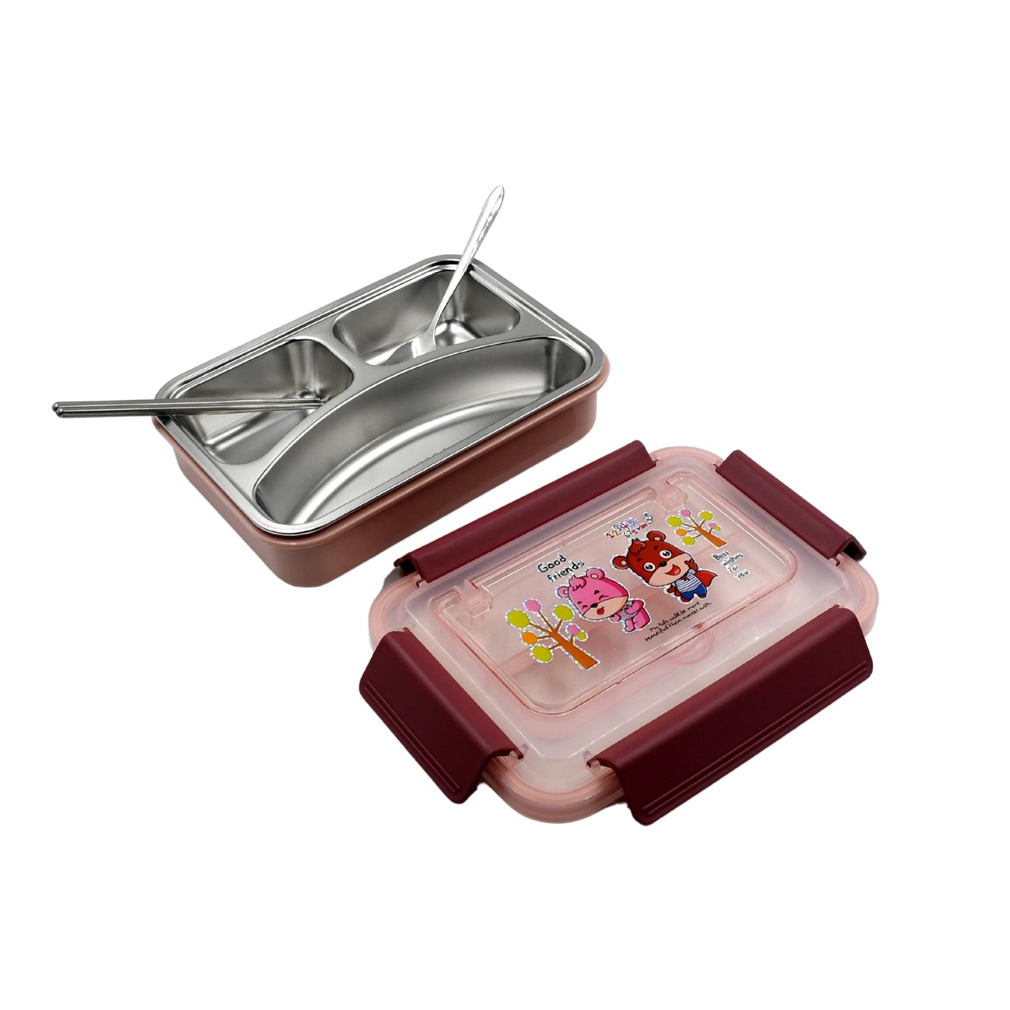 Food‑Safe Materials Kids Lunch Box With steel Spoon & chopsticks Compartment is Designed Made of 304 Stainless Steel Easy to Clean for School for Camping for Work for Home, Office - Springkart 