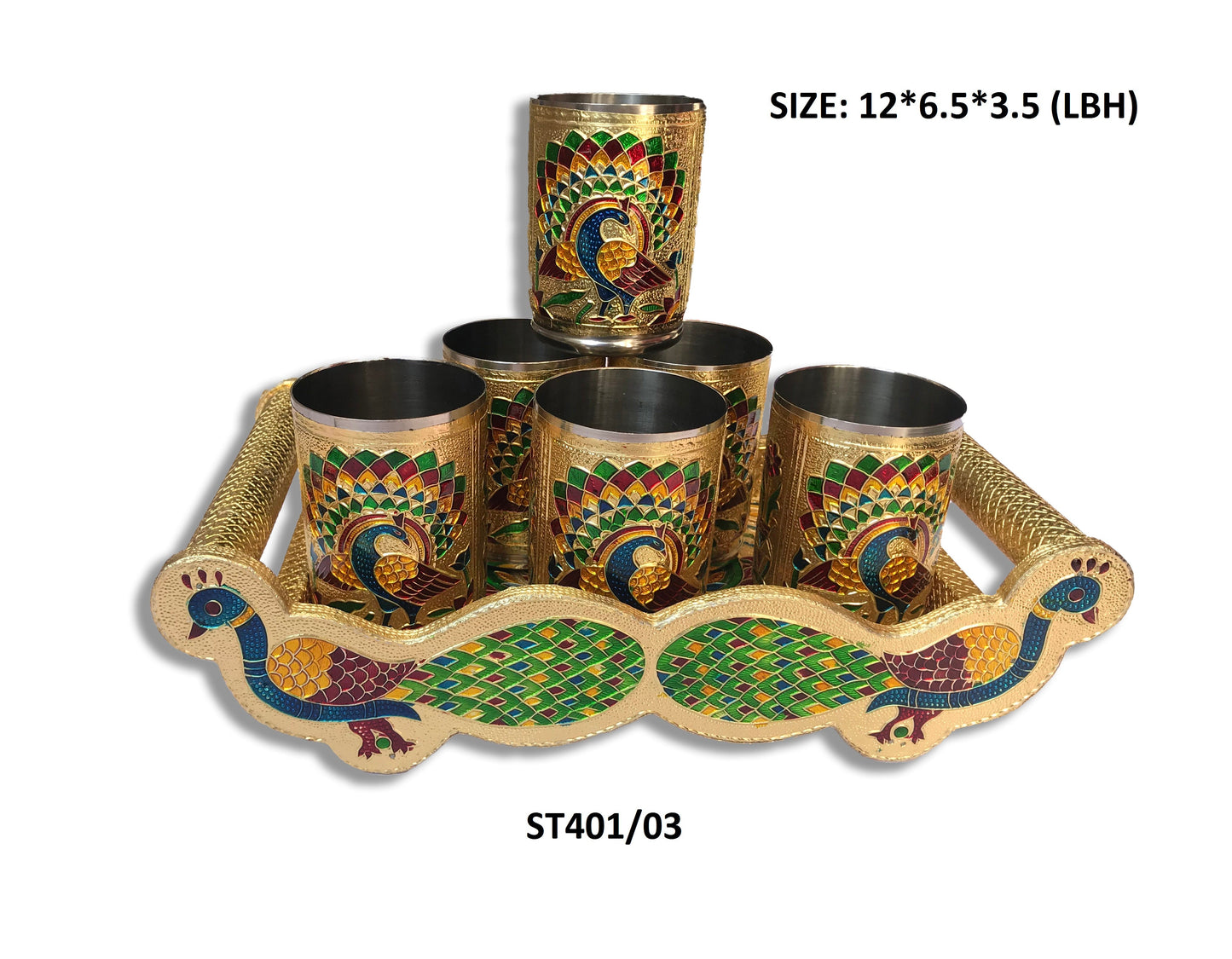 Peacock Design Glass with Handle and Handicraft Serving Tray Set - Springkart 