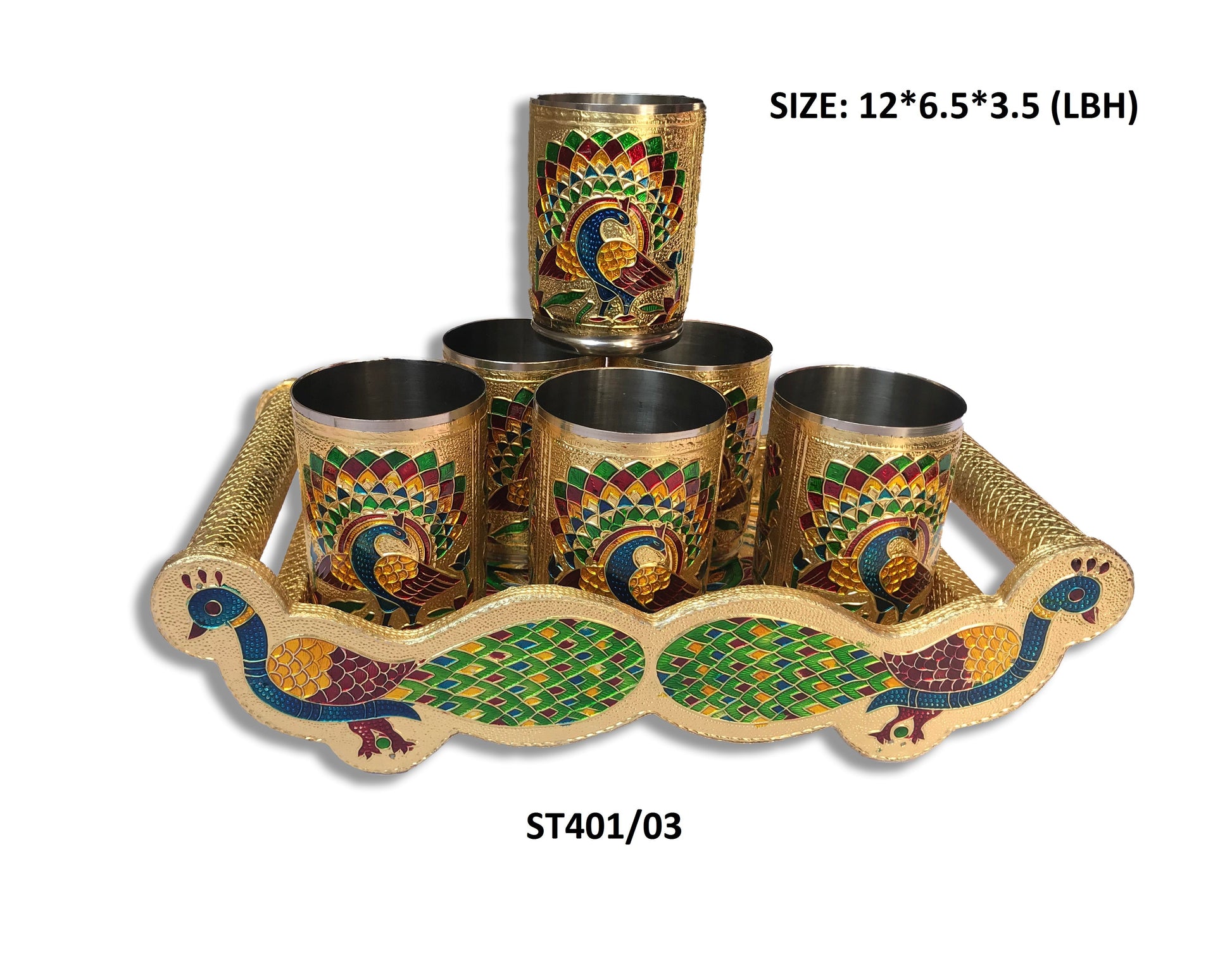 Peacock Design Glass with Handle and Handicraft Serving Tray Set - Springkart 