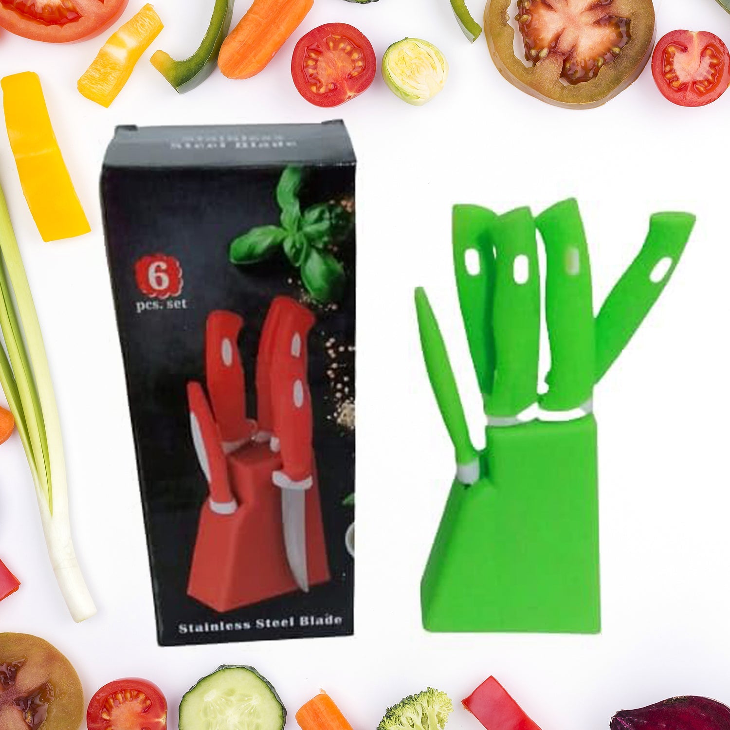 Stainless Steel Knife & Peeler Set with Stand - 6 Pcs - Springkart 