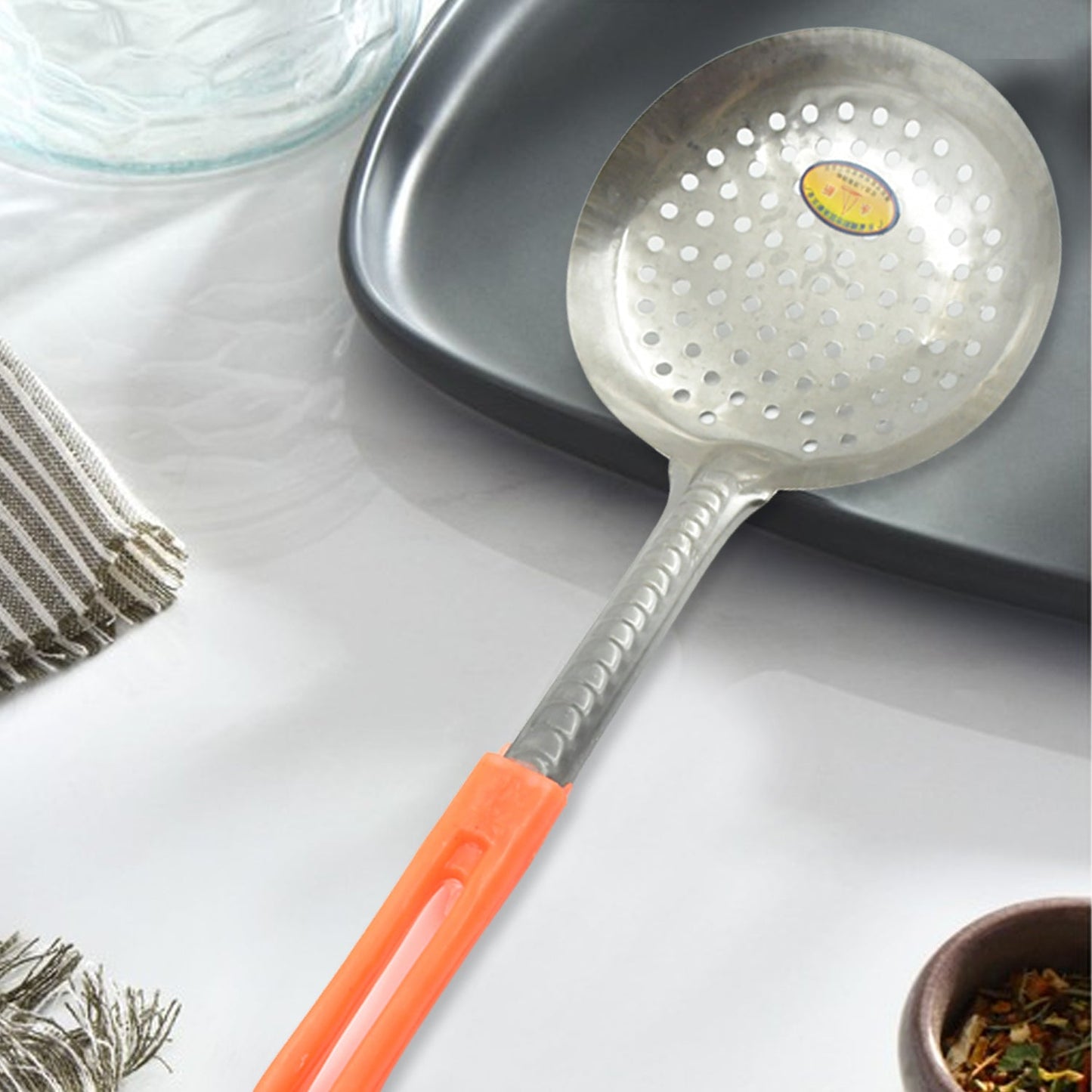Colander Spoon, Non Slip Hand Polished Thickened Hot Pot Spoon for Kitchen for Restaurant, Stainless Steel Cooking Colander Skimmer Slotted Spoon Kitchen Strainer Ladle with Long Handle for Kitchen Cooking Baking (35 Cm) - Springkart 