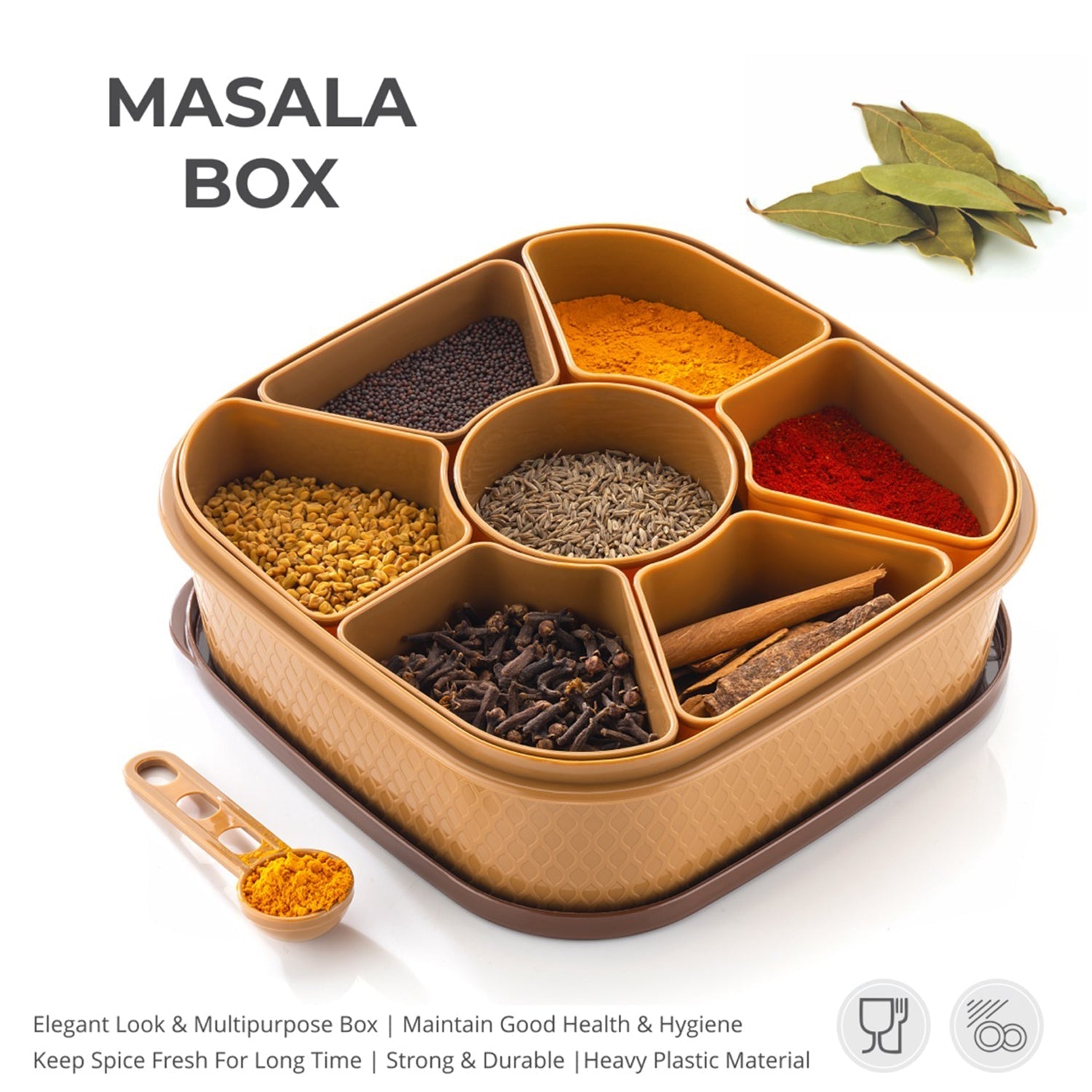 Masala Box for Keeping Spices, Spice Box for Kitchen, Masala Container, Plastic Wooden Style, 7 Sections (Multi Color). - Springkart 