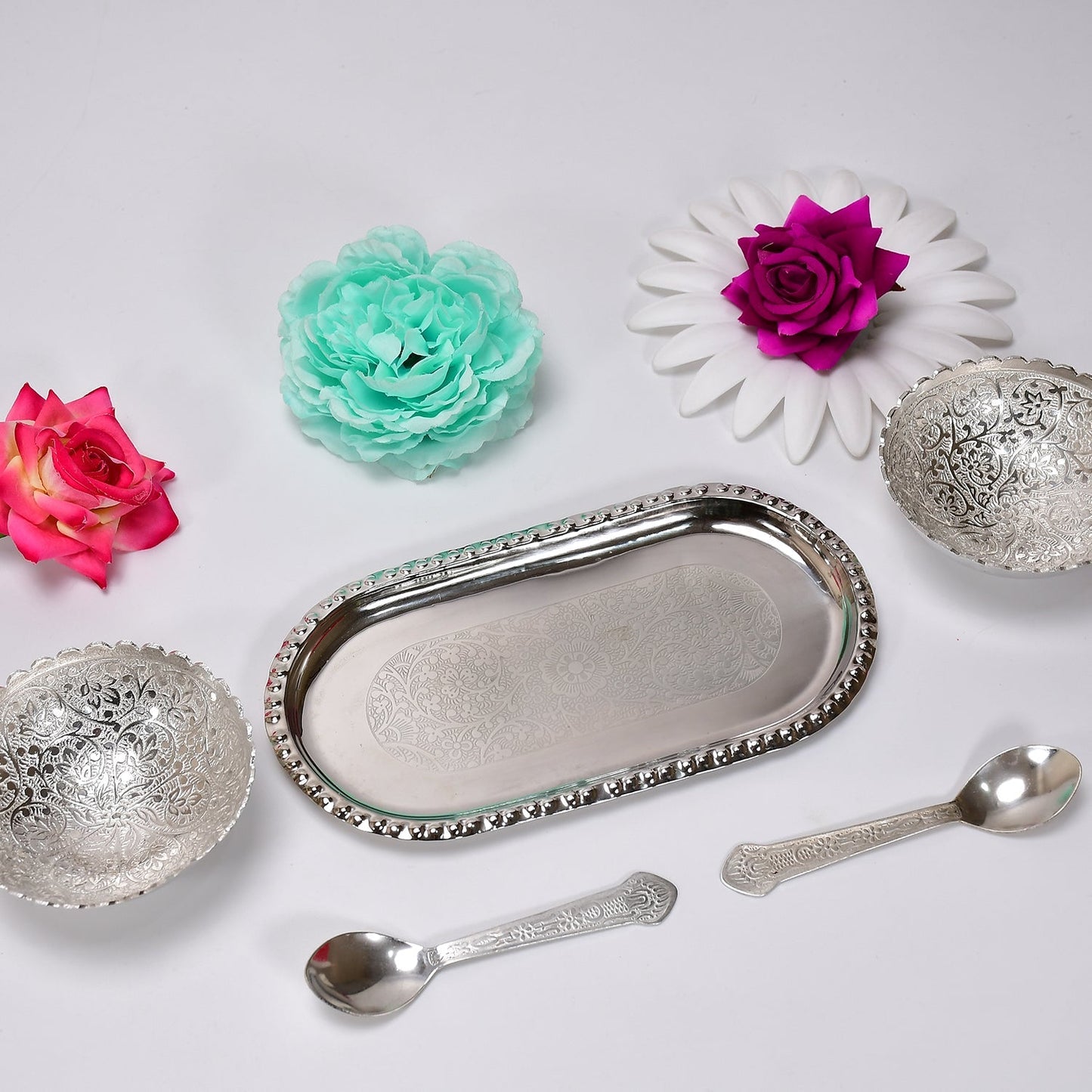 Silver Plated 2 Bowl 2 Spoon Tray Set Brass with Red Velvet Gift Box Serving Dry Fruits Desserts Gift, Bartan - Springkart 