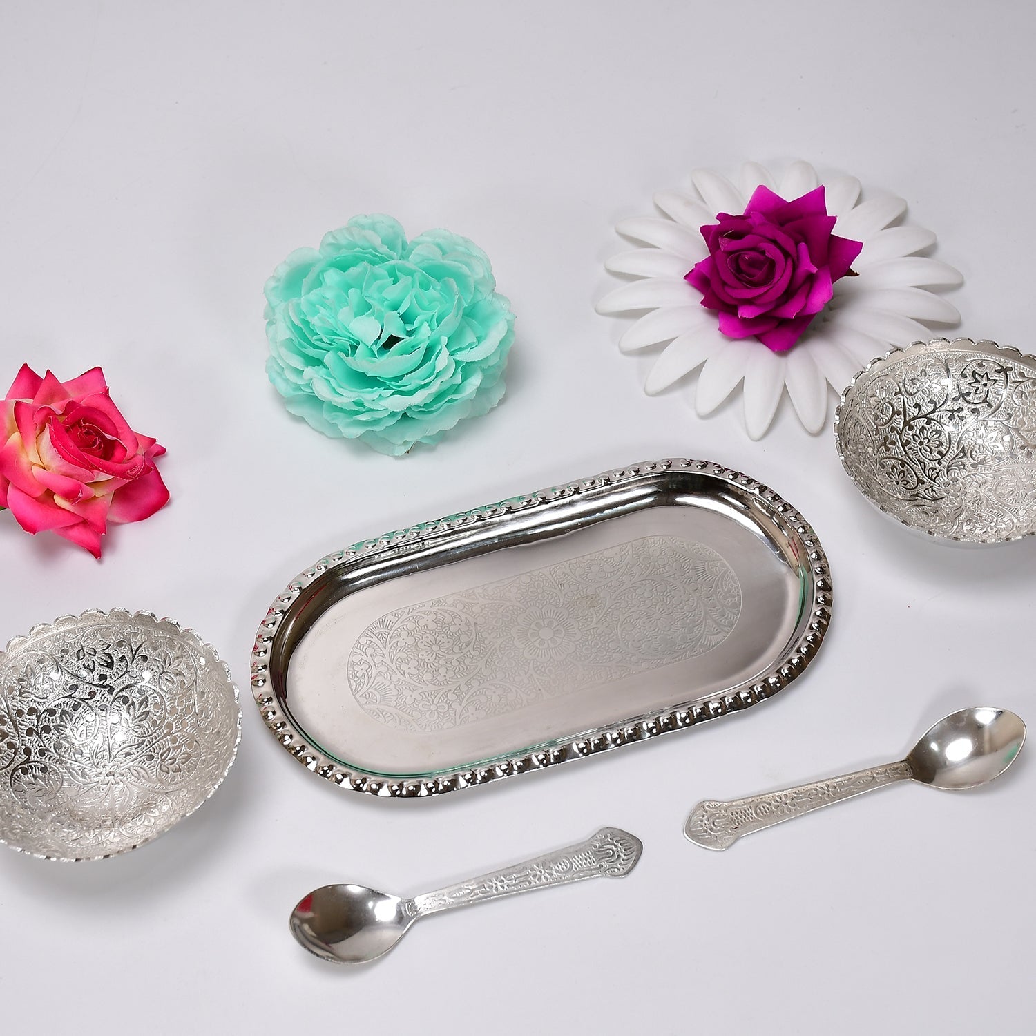 Silver Plated 2 Bowl 2 Spoon Tray Set Brass with Red Velvet Gift Box Serving Dry Fruits Desserts Gift, Bartan - Springkart 