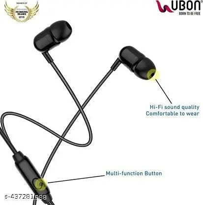 Ubon Earphones UB 760 Universal Runner Earphone with mic Wired Hi-Resolution Audio Deep Ergonomic Sweatproof Earbuds for All Smartphones Dynamic 10mm Driver, (Black)