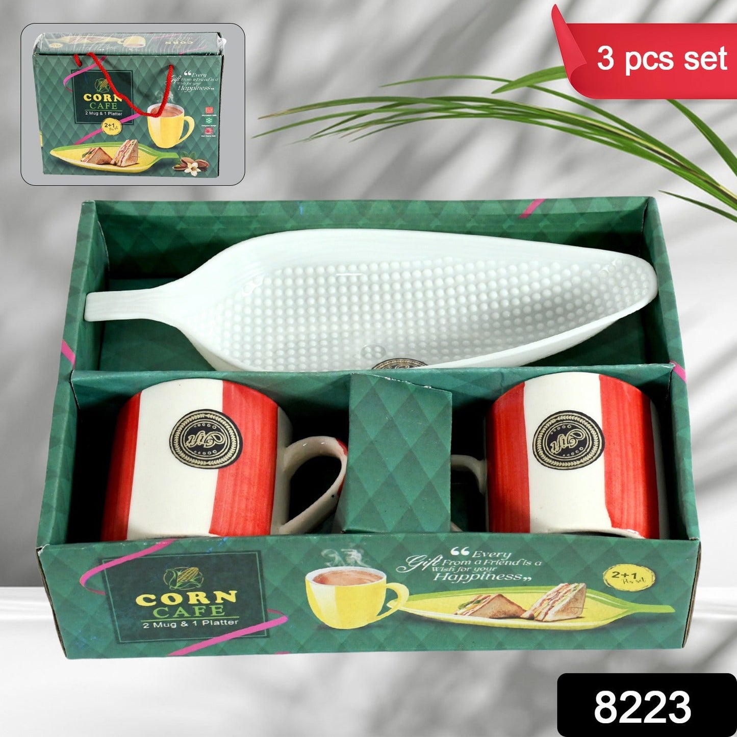 Corn Cafe Ceramic Tea / Cups Set Including Plastic Leaf Shape Serving Platter Milk Cup, Coffee Cup, Tea Cup, Breakfast Cup / Mug, or Outdoor for Household Gift For Birthday (3 Pcs Set) - Springkart 