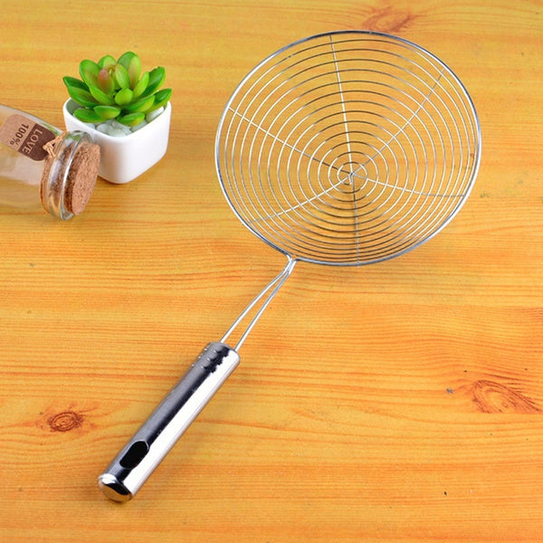 Round stainless steel deep fry strainer for cooking.