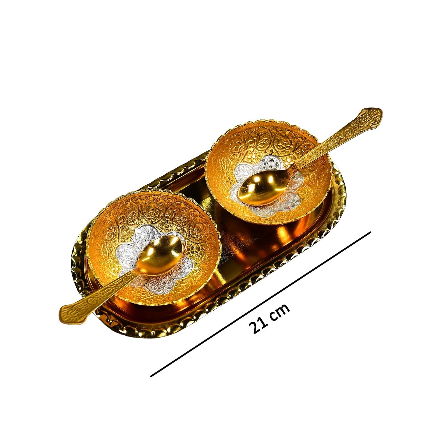 Gold Silver Plated 2 Bowl 2 Spoon Tray Set Brass with Red Velvet Gift Box Serving Dry Fruits Desserts Gift - Springkart 