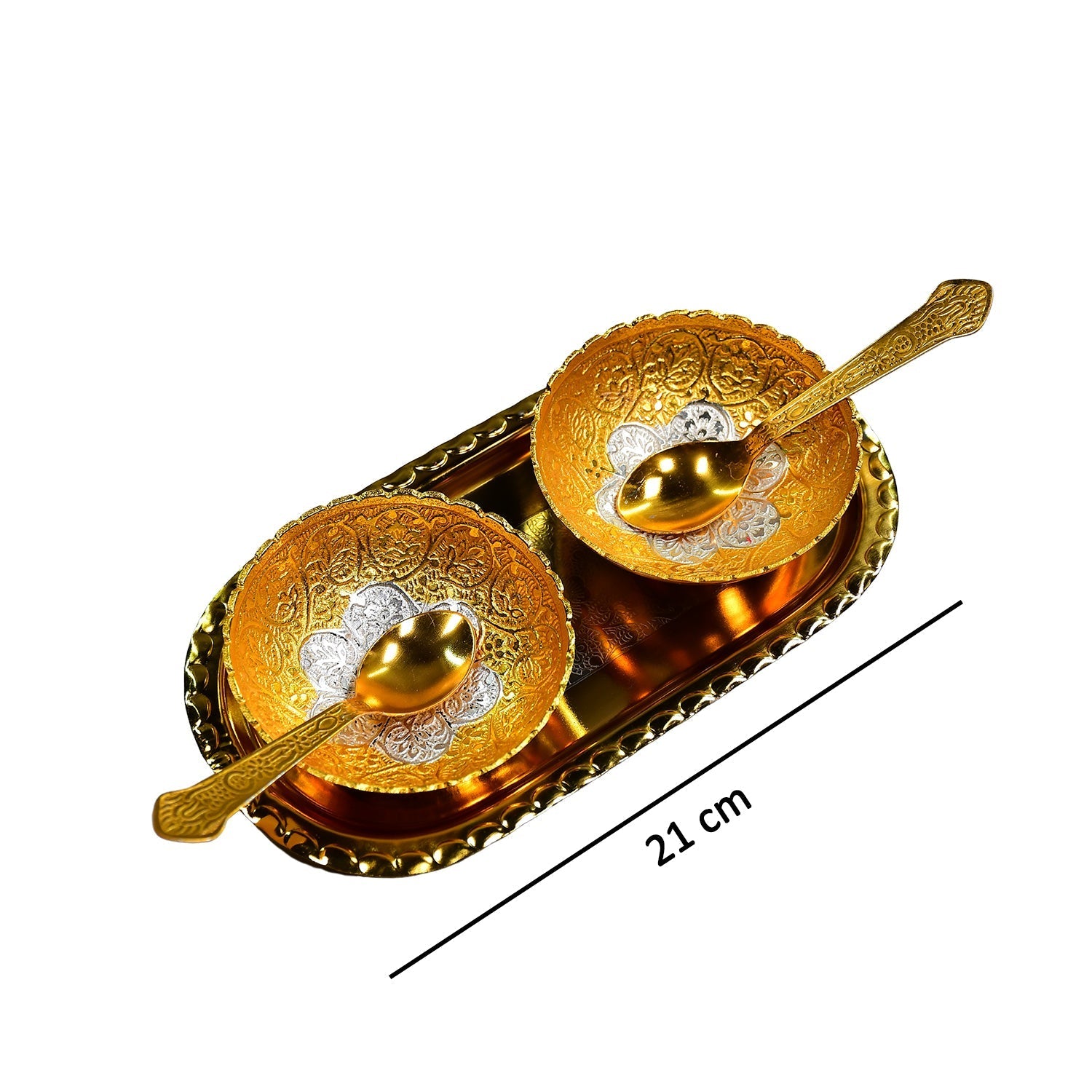 Gold Silver Plated 2 Bowl 2 Spoon Tray Set Brass with Red Velvet Gift Box Serving Dry Fruits Desserts Gift - Springkart 