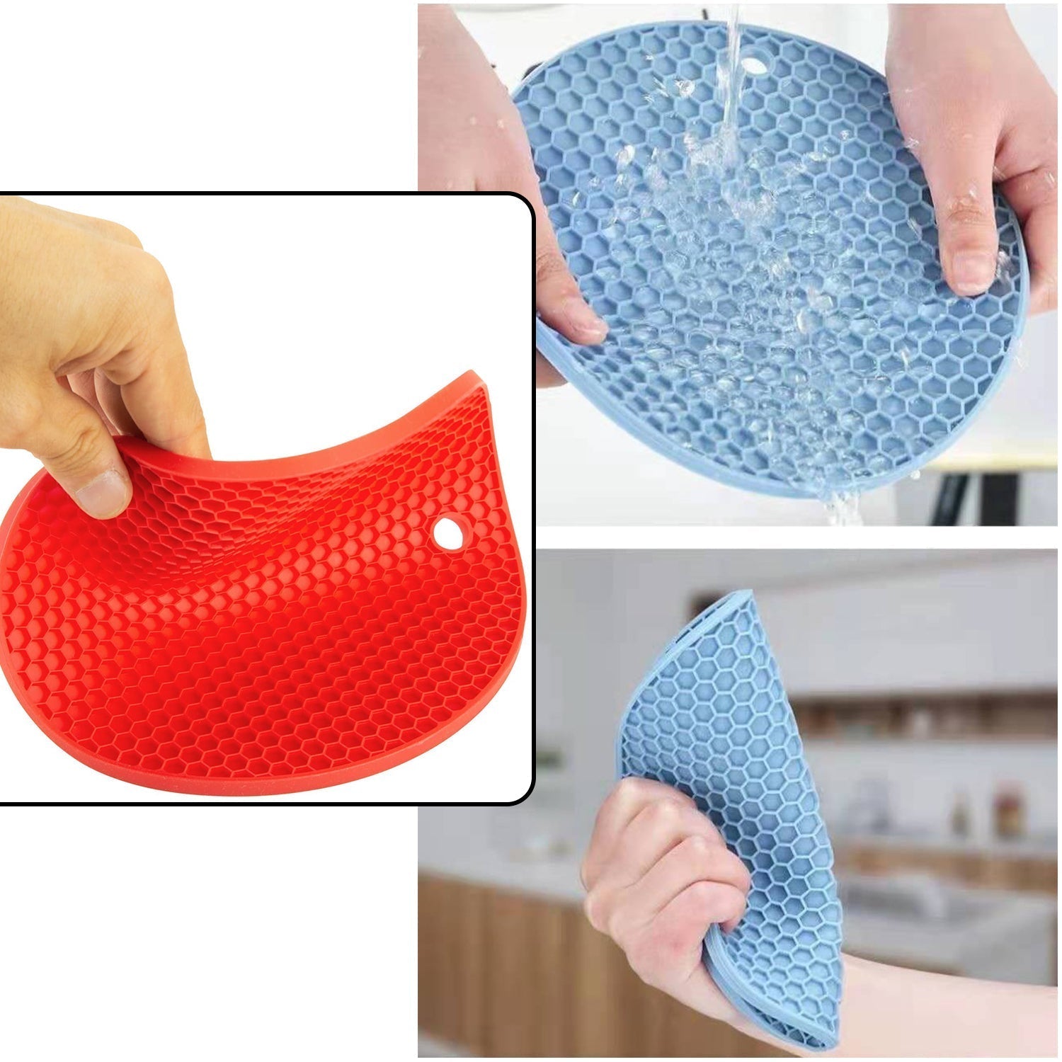 Practical silicone hot mat designed to prevent damage from hot dishes.