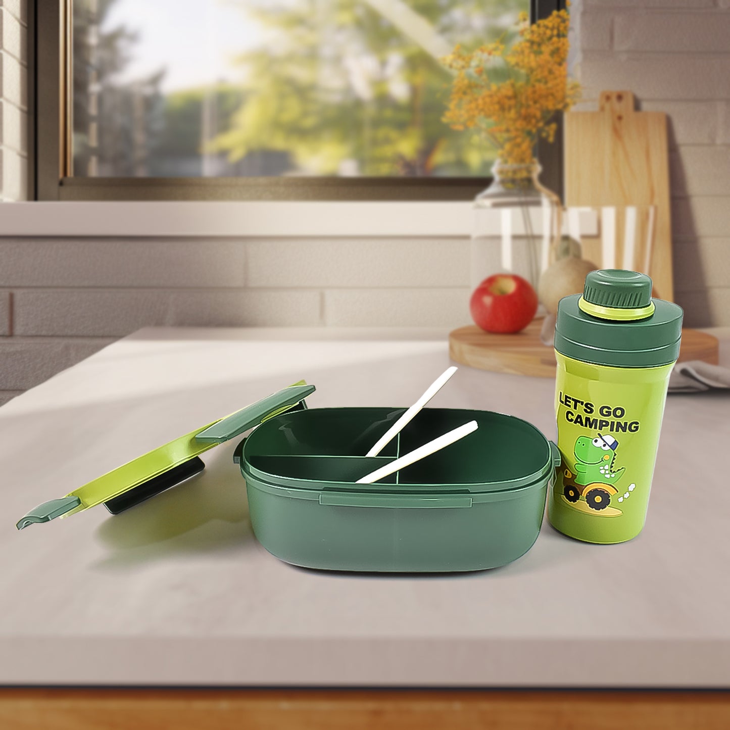 Plastic Lunch Box Leak Proof 3 Compartment With Bottle Spoon And Fork (1 Set) - Springkart 