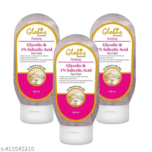 Globus Remedies Anti Acne Glycolic & 1% Salicylic  Face wash, For Oily & Acne Prone Skin, 100 ml (Pack of 3)