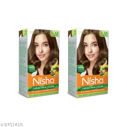 Nisha Cream Hair Color Rich Bright Long Lasting Hair Colouring For Ultra Soft Deep Shine 100% Natural Herbs 120gm Each Box (Light Brown,Pack of 2 Box)