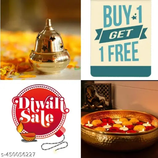 Antique Round Hammered Traditional Potpourri Bowl Handcrafted Metallic Gold with Diya (Diwali Offer)