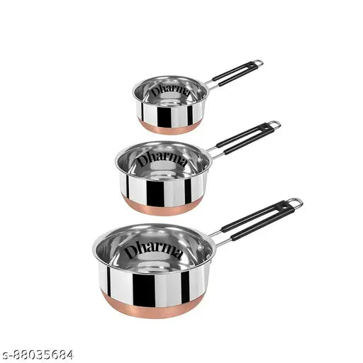 Supreme Stainless Steel Copper Bottom Sauce Pan ,Tea Pan, Milk Pan, coffee pan flat base Tapeli Patila Induction Base 1, 1.5 and 2 Liter Sauce pan And 15.5 cm,17 cm,19cm diameter Sauce Pot Milk Boiler.(Stainless Steel, Copper)