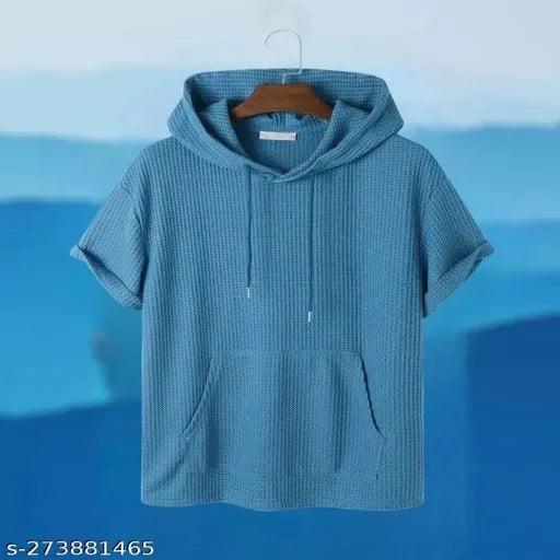 Eddicted Men's Solid Hood Blue Tshirts - Springkart 