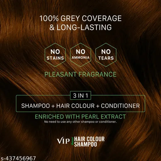 VIP Hair Color Shampoo 180 ml x 2 Natural Brown | Ammonia free | Long lasting 3 in 1 instant grey hair color solution