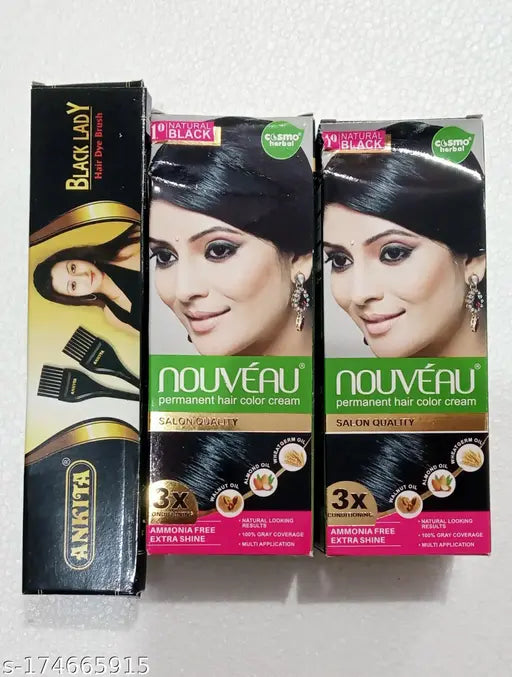Nouveau Permanent Hair Color Cream Natural Black 2pcs (100ml Each) + Ankita Hair Dye Brush Combo pack