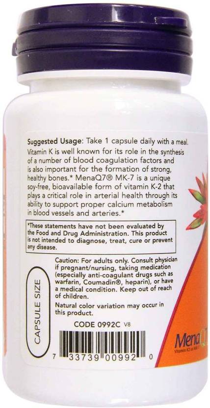 Now Foods MK-7, Vitamin K-2, 100 mcg, 60 Veg Capsules (60 No)