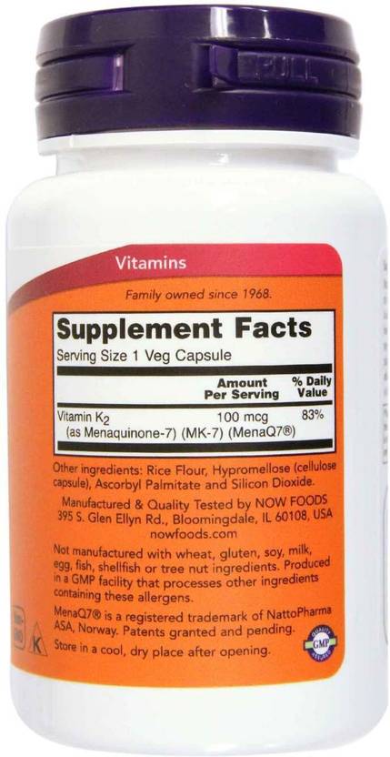 Now Foods MK-7, Vitamin K-2, 100 mcg, 60 Veg Capsules (60 No)