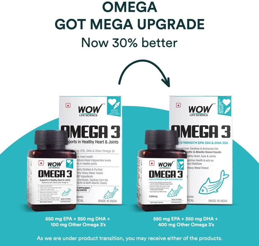 WOW Life Science Omega-3 1300 mg EPA +DHA Enriched  (60 Capsules)