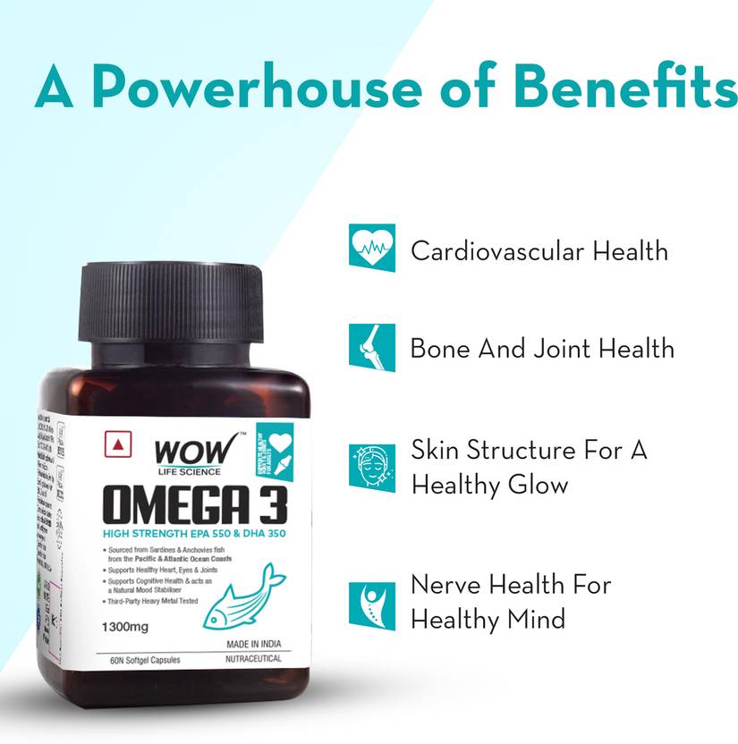 WOW Life Science Omega-3 1300 mg EPA +DHA Enriched  (60 Capsules)
