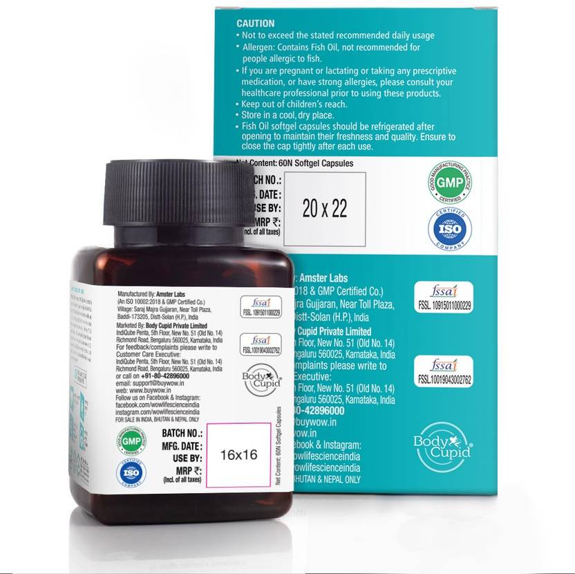 WOW Life Science Omega-3 1300 mg EPA +DHA Enriched  (60 Capsules)