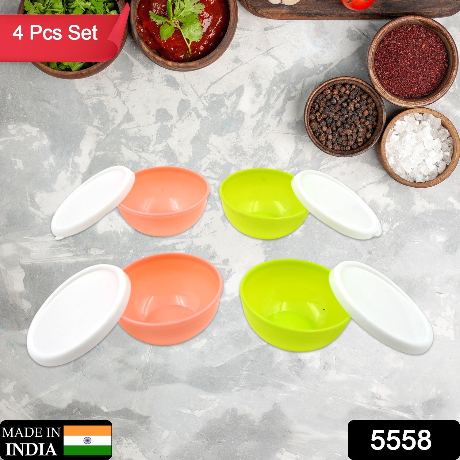 Multipurpose Small Round Plastic Bowl / Katori With Lid, Microwave Safe Reusable Lightweight Bowl, Dishwasher Safe Chutney Bowl (4 Pcs Set) - Springkart 