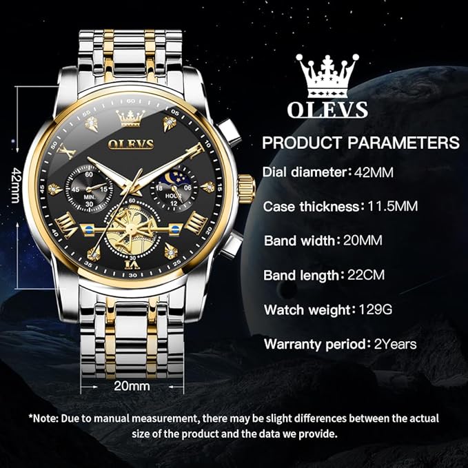 OLEVS Mens Chronograph Watch Gold Silver Stainless Steel Chain Quartz Wrist Watches Business Dress Waterproof Luminous Date Watch