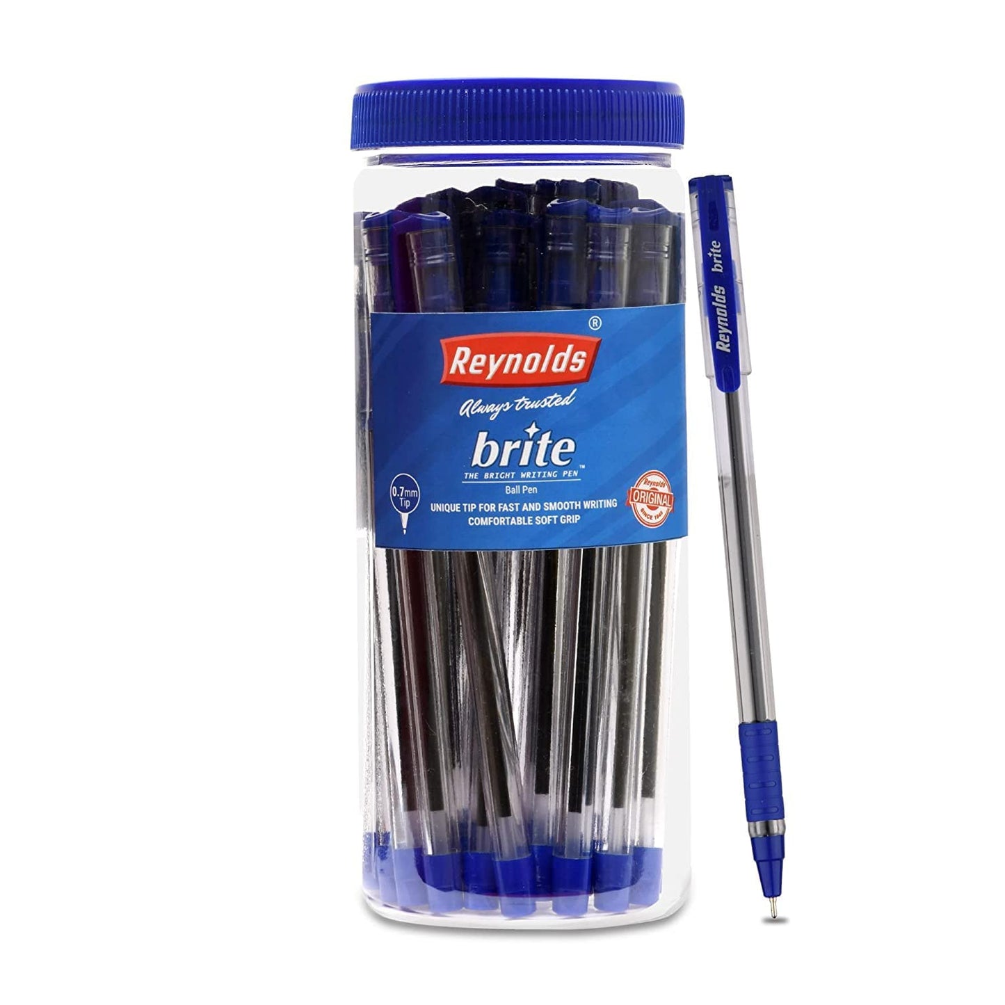 Reynolds BRITE Ball Pen SET - 25 BLUE PENS WITH COMFORTABLE GRIP | BALL PENS FOR WRITING | PEN FOR STUDENTS & OFFICE STATIONERY | 0.7 mm TIP SIZE - Springkart 