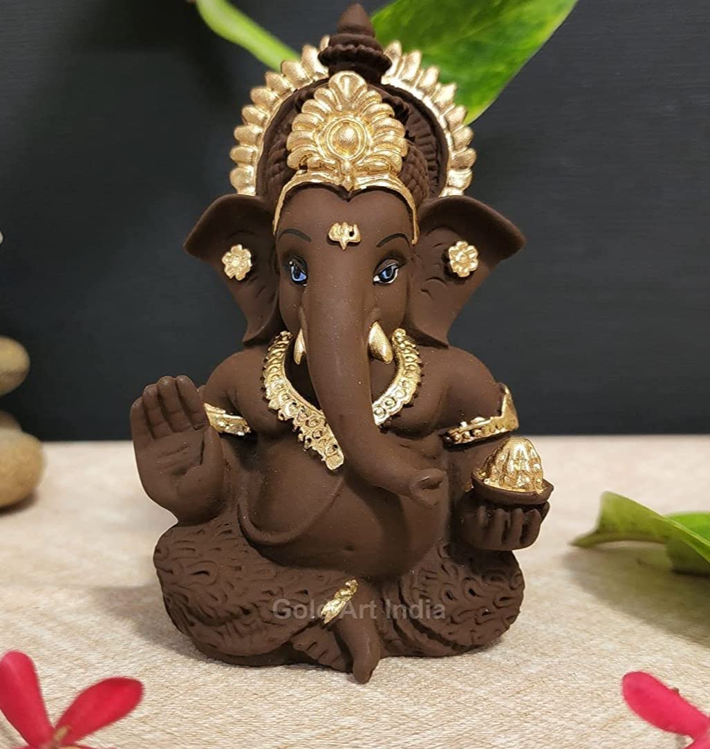 Gold Art India Mango Terracotta Finish Ganesha for Car Dashboard Home Decor Gifting Diwali Birthday Festivals 3.5 x 2 Inches