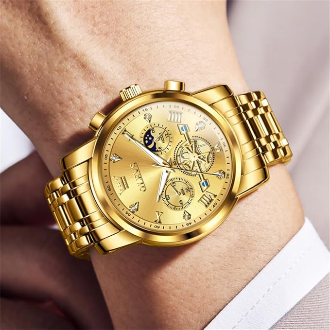 OLEVS Mens Chronograph Watch Gold Silver Stainless Steel Chain Quartz Wrist Watches Business Dress Waterproof Luminous Date Watch