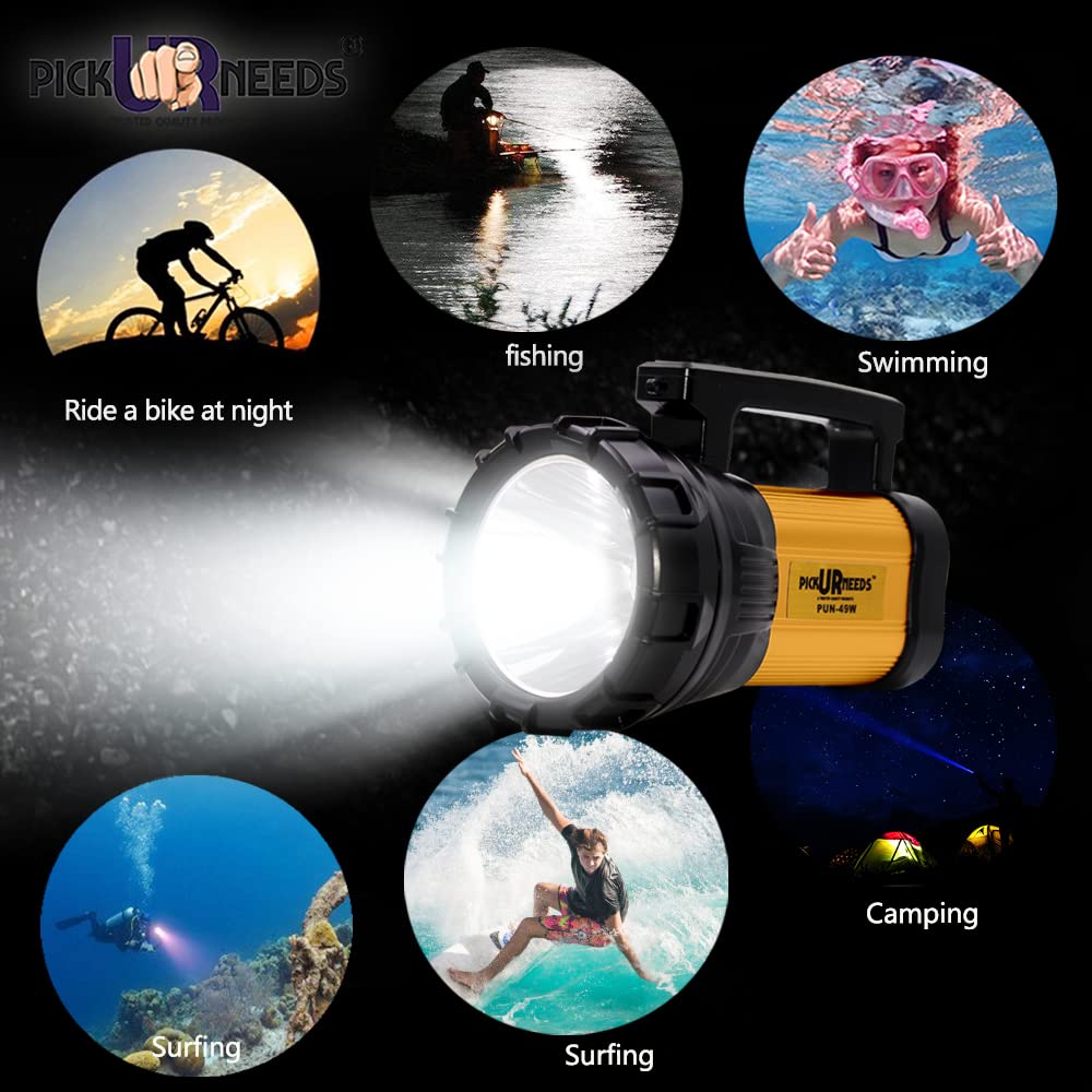 Pick Ur Needs Search LED Torch Light Long Range + Side Tube Emergency (Range 1 Km.) with Multi-Functional + Blinker Rechargeable Handheld Torch (Metal 100 Watt)1000 Lumen - Springkart 