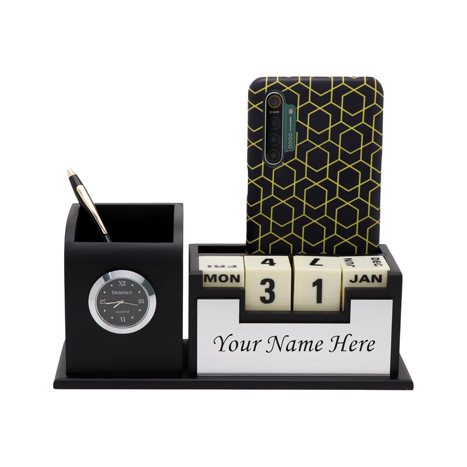 CrownLit Personalized Stationery Pen Stand With Name (Engineered Wood) - Springkart 