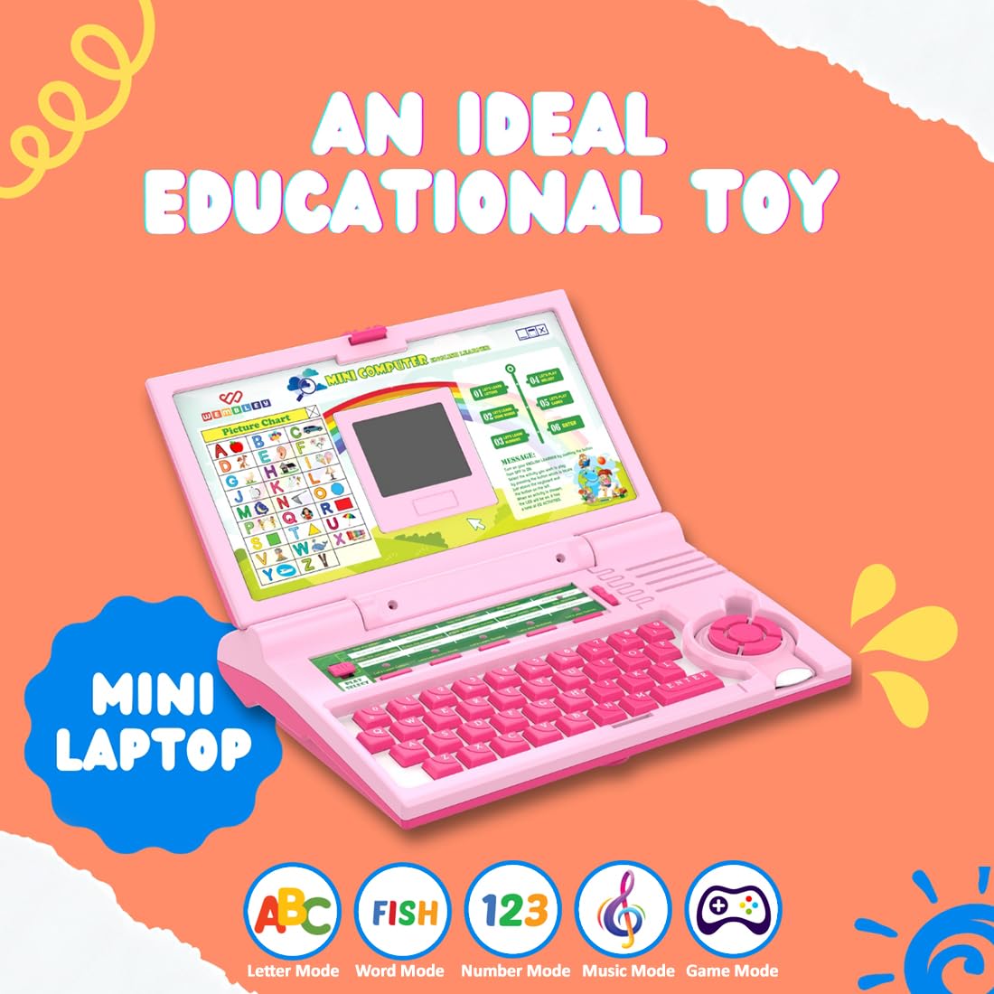 Wembley Educational Laptop for Kids Toys for 2-5 Years Learning Activity Computer Educational Toy for 3 Years Old Boy Learn Alphabet,Letter,Words,Games,Mathematics,Music,Logic Memory Tool,Multicolour