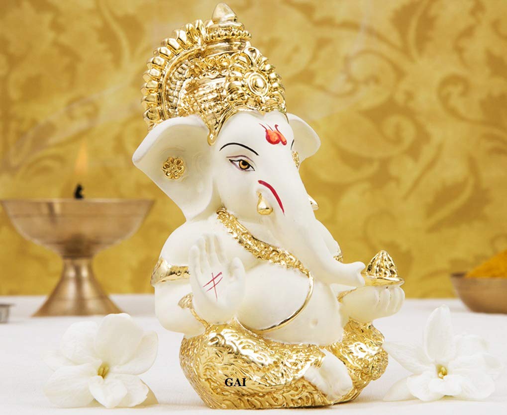 Gold Art India Ganesha Idol | Ganesh Statue for Home Decor | Ganesha murti for Office Desk, & Ganpati Idol for Car Dashboard | Unique Wedding & Birthday Gift (Gold Antique 3.5")